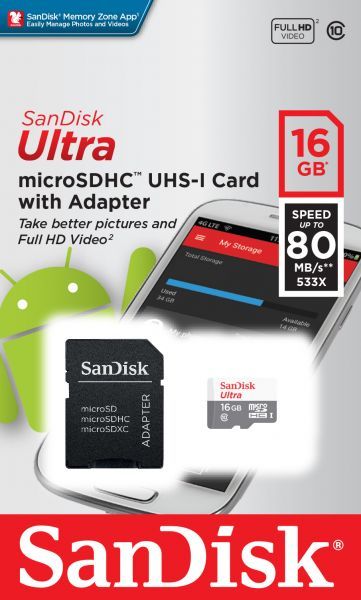 San Disk Ultra 16GB Micro SD Card With Adapter - MicroSDHC UHS-1 Package