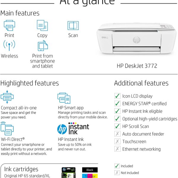 HP DeskJet 3772 All in One Wireless Color Inkjet Printer Scan and Copy Instant Ink Ready T8W88A Renewed 2